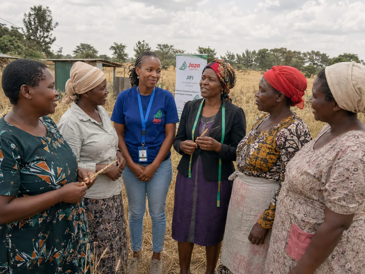 Jaza Capital team member in conversation with women entrepreneurs in the field